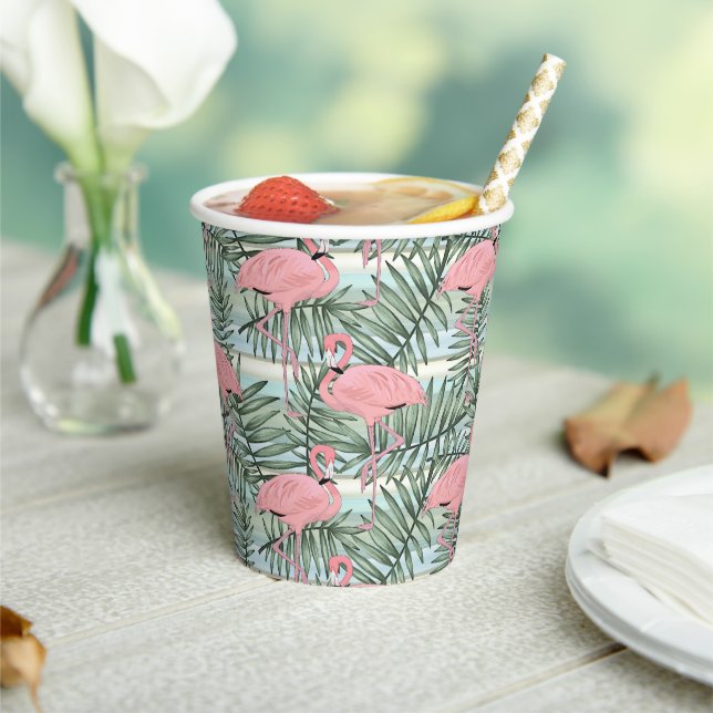 Cute Pink Flamingoes Palm Leafs Art Pattern Paper Cups (Insitu)