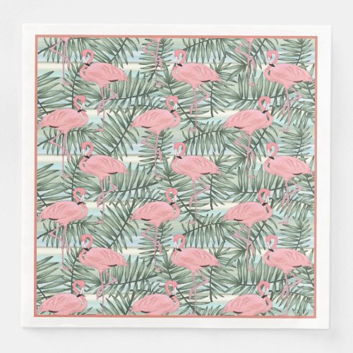 Cute Pink Flamingoes Palm Leafs Art Pattern Paper Dinner Napkins