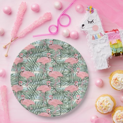 Cute Pink Flamingoes Palm Leafs Art Pattern Paper Plates