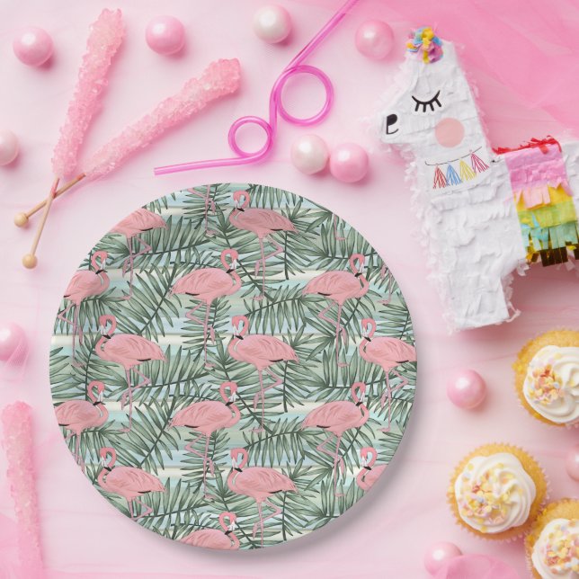 Cute Pink Flamingoes Palm Leafs Art Pattern Paper Plates (Party)