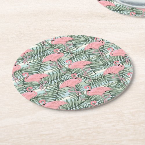 Cute Pink Flamingoes Palm Leafs Art Pattern Round Paper Coaster