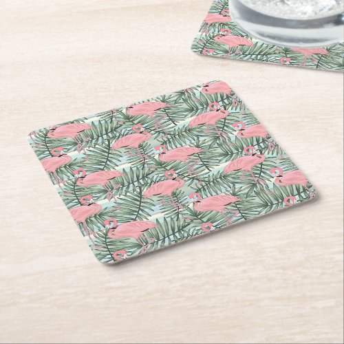 Cute Pink Flamingoes Palm Leafs Art Pattern Square Paper Coaster