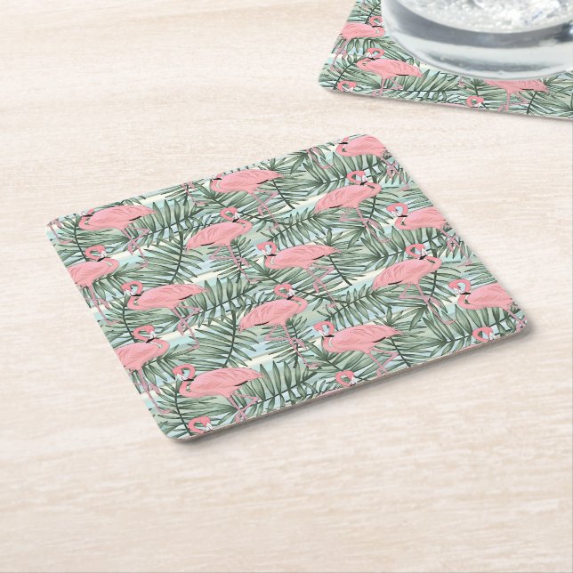 Cute Pink Flamingoes Palm Leafs Art Pattern Square Paper Coaster (Angled)