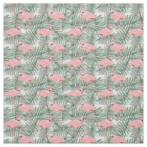 Cute Pink Flamingoes Palm Leafs Pattern Fabric