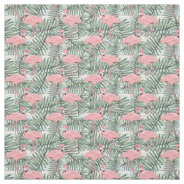 Cute Pink Flamingoes Palm Leafs Pattern Fabric (Swatch)
