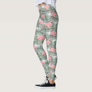 Cute Pink Flamingoes Palm Leafs Pattern Leggings