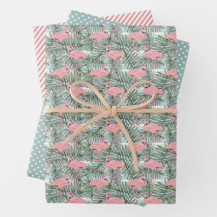 Cute Pink Flamingoes Palm Tree Leaves Watercolor Wrapping Paper Sheets