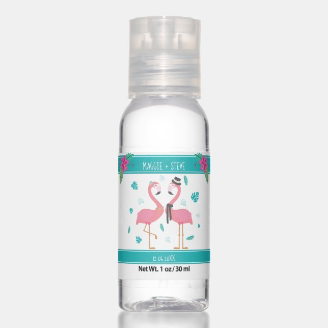 Cute pink flamingoes tropical leaves wedding favor hand sanitizer (Front)