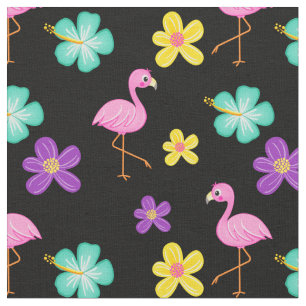 Cute Pink Flamingos and Flowers Black Fabric
