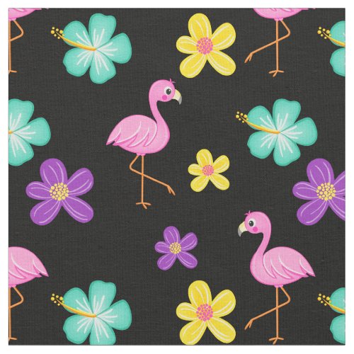 Cute Pink Flamingos and Flowers Black Fabric