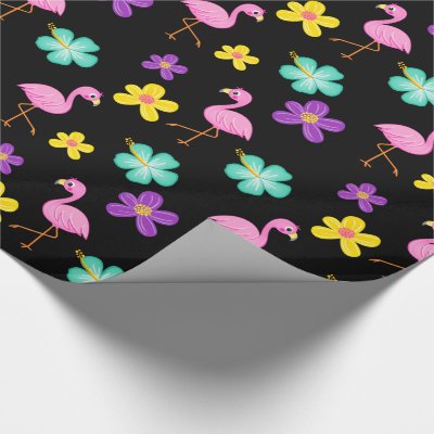 Cute Pink Flamingos and Flowers Black