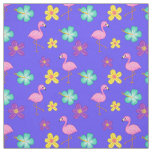 Cute Pink Flamingos and Flowers Blue Fabric