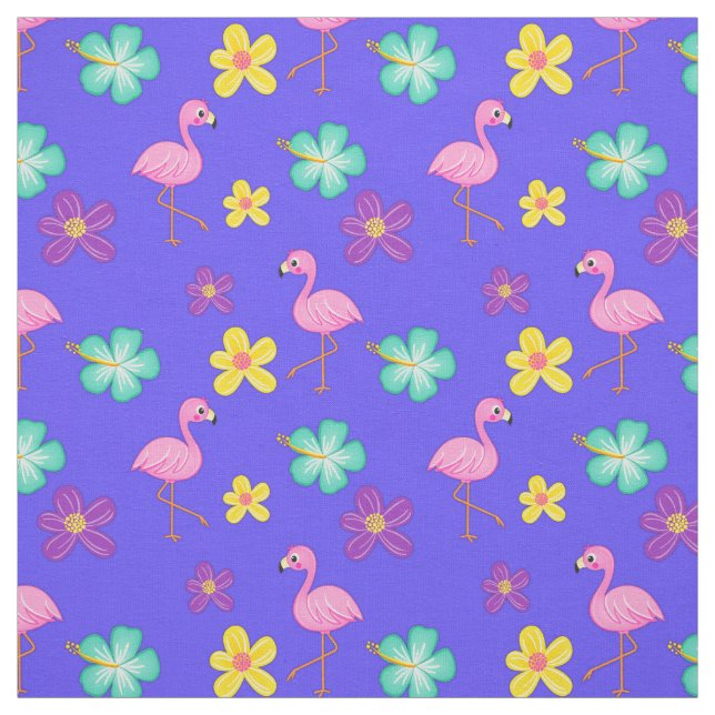 Cute Pink Flamingos and Flowers Blue Fabric (Swatch)