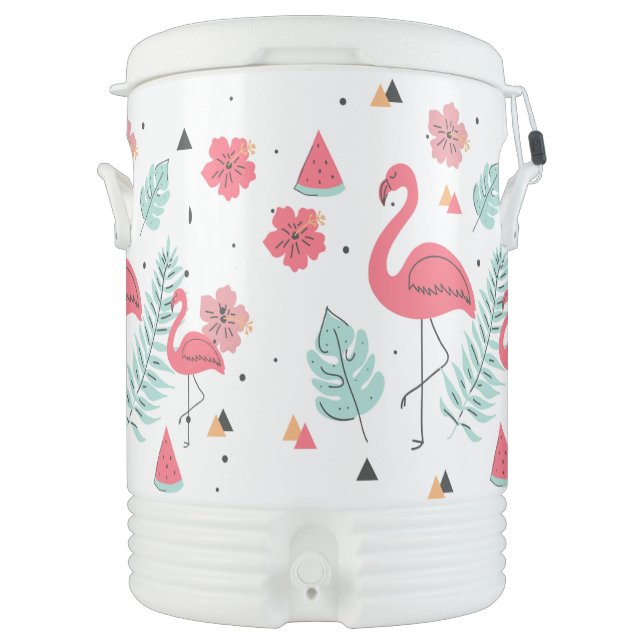 Cute pink flamingos and tropical flowers beverage cooler (Front)