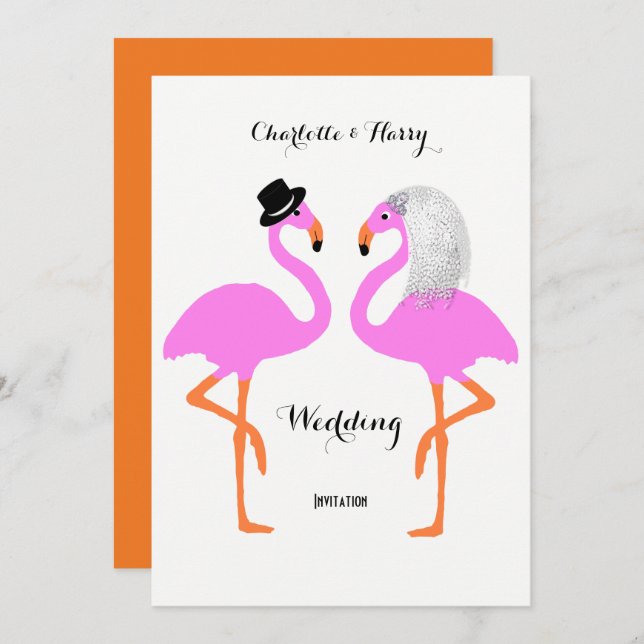 Cute Pink Flamingos Bride & Groom Wedding Invitation (Front/Back)