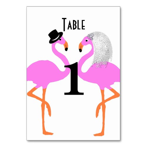 Cute Pink Flamingos Bride  Groom Wedding Table Number