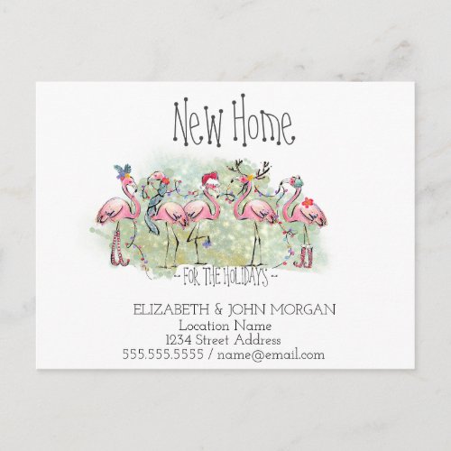 Cute Pink Flamingos Family Santa Hat New Address Announcement Postcard