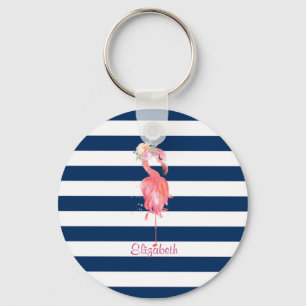 Cute Pink Flamingos Flower,Striped Keychain