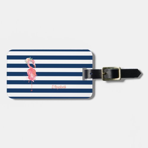 Cute Pink Flamingos FlowerStriped Luggage Tag