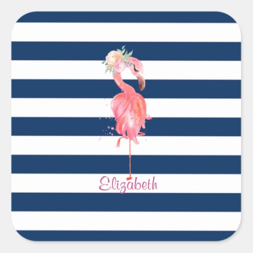 Cute Pink Flamingos FlowerStriped Square Sticker