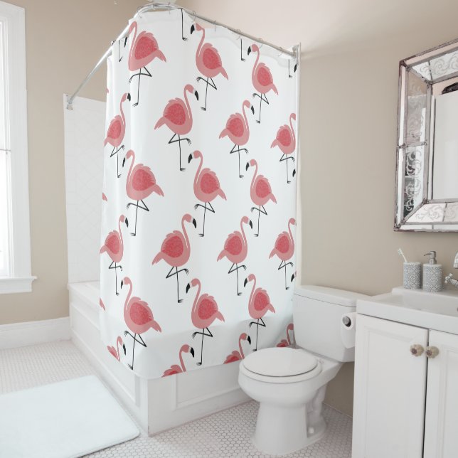 Cute Pink Flamingos Girly Chic Shower Curtain (In Situ)