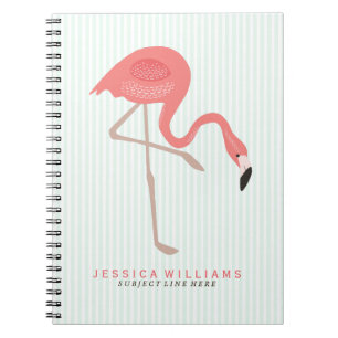 Cute Pink Flamingos Illustration With Mint Stripes Notebook