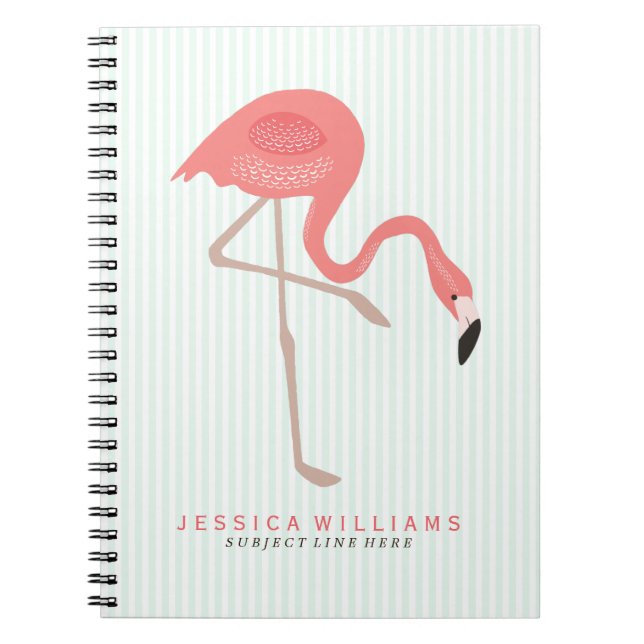 Cute Pink Flamingos Illustration With Mint Stripes Notebook (Front)
