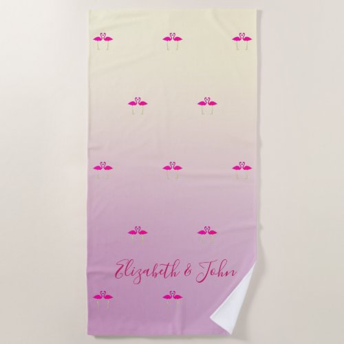 Cute Pink Flamingos In LoveOmbre  _Personalized Beach Towel