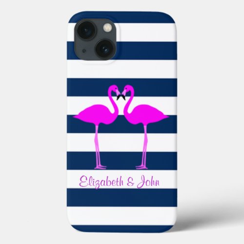 Cute Pink Flamingos In LoveStriped_Personalized iPhone 13 Case