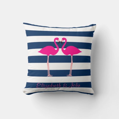 Cute Pink Flamingos In LoveStriped_Personalized Throw Pillow