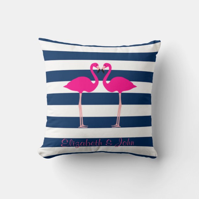 Cute Pink Flamingos In Love,Striped-Personalized Throw Pillow (Front)