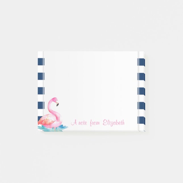 Cute Pink Flamingos,Navy Blue Stripes Post-it Notes (Front)