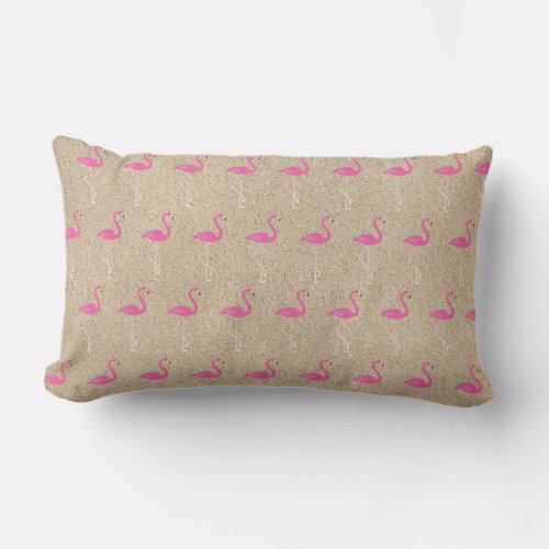 Cute Pink Flamingos on Beach Sand _ Outdoor Lumbar Pillow