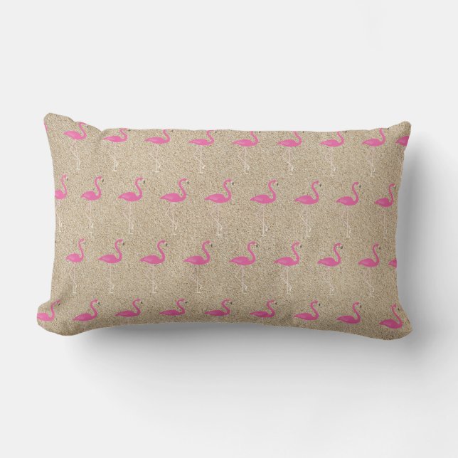 Cute Pink Flamingos on Beach Sand - Outdoor Lumbar Pillow (Front)