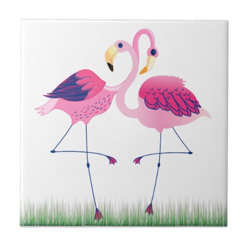 Cute Pink Flamingos On Green Grass Ceramic Tile