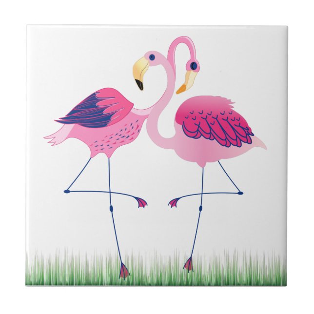 Cute Pink Flamingos On Green Grass Ceramic Tile (Front)