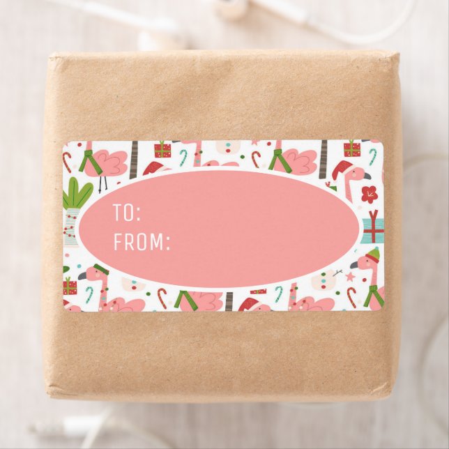 Cute Pink Flamingos Santa Hat Christmas To From Label (Insitu)