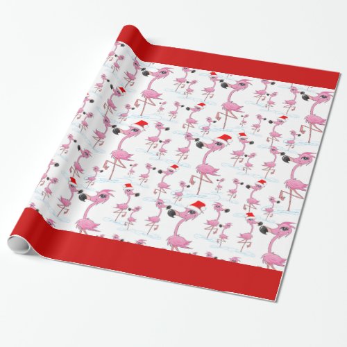 Cute Pink Flamingos Santa Hat Wrapping Paper