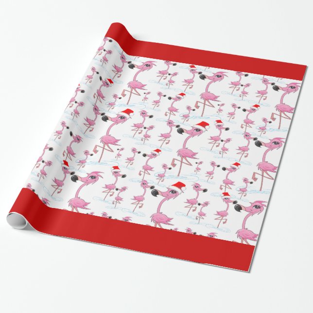 Cute Pink Flamingos Santa Hat Wrapping Paper (Unrolled)