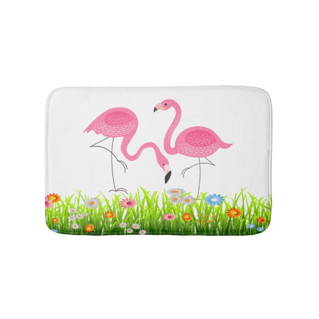 Cute Pink Flamingos & Spring Flowers Bath Mat (Front)