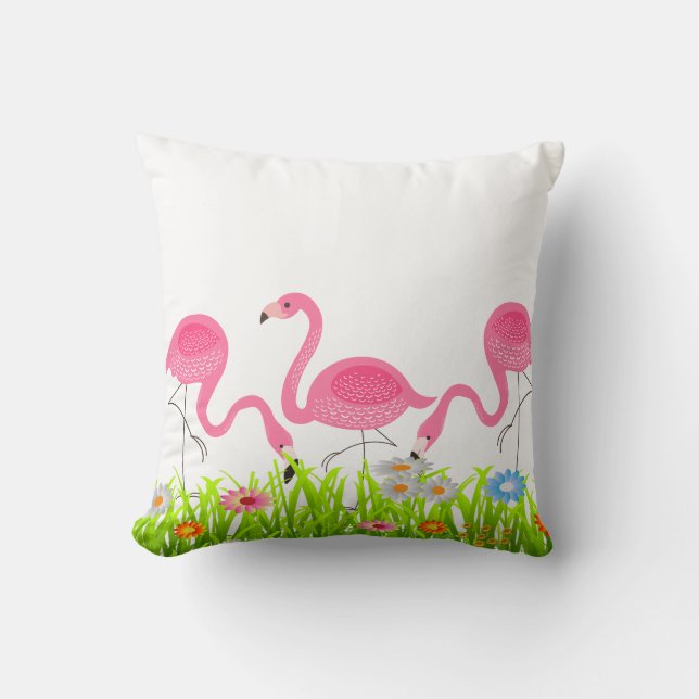 Cute Pink Flamingos Spring Flowers Throw Pillow (Front)