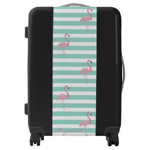 Cute Pink Flamingos, Stripes- Personalized Luggage