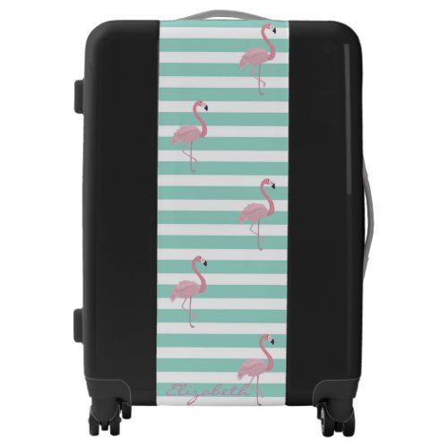 Cute Pink Flamingos Stripes_ Personalized Luggage