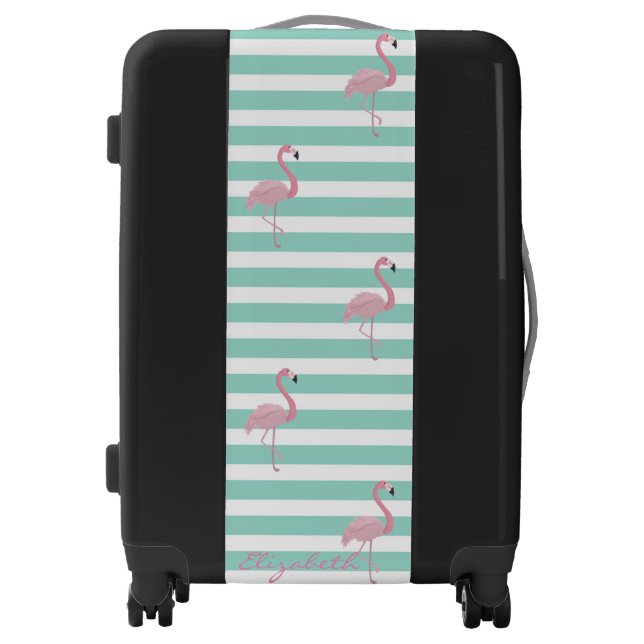 Cute Pink Flamingos, Stripes- Personalized Luggage (Front)