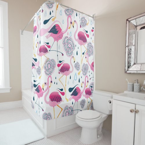 Cute Pink Flamingos  Stylized Flowers Pattern Shower Curtain