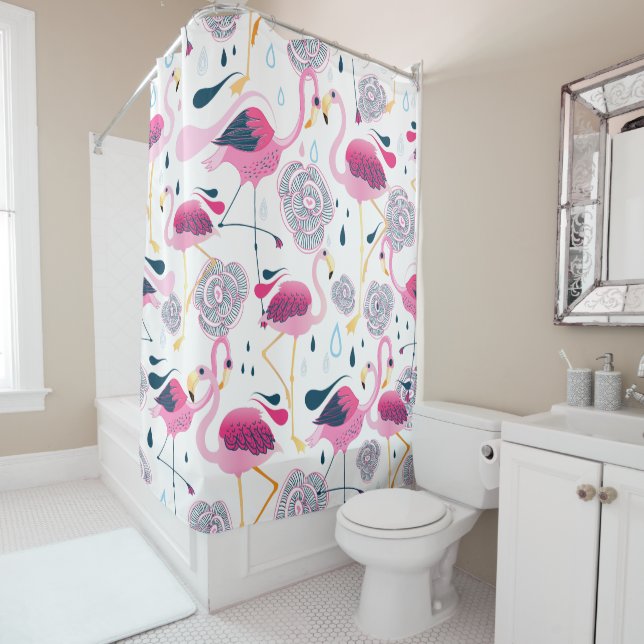 Cute Pink Flamingos & Stylized Flowers Pattern Shower Curtain (In Situ)