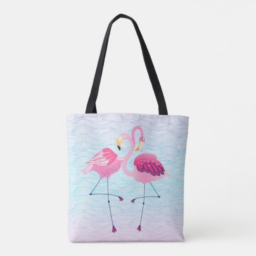 Cute Pink Flamingos Stylized Water Waves Pattern Tote Bag