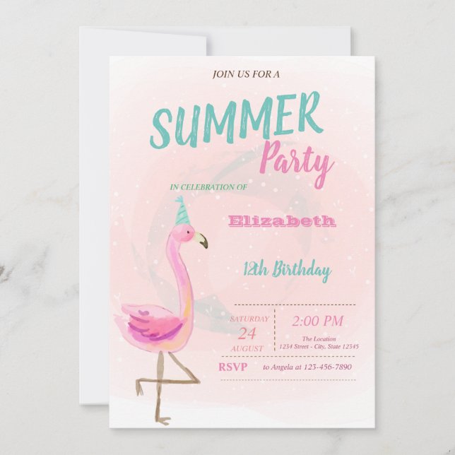 Cute Pink Flamingos Summer Birthday Party  Invitation (Front)