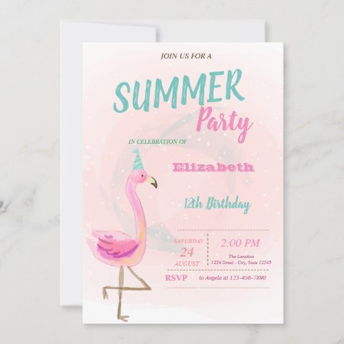 Cute Pink Flamingos Summer Birthday Party  Invitation
