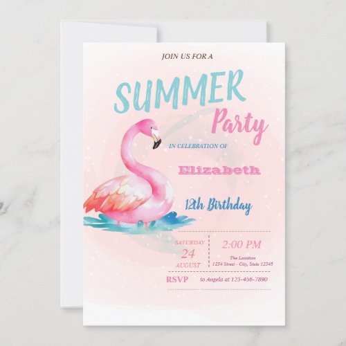 Cute Pink Flamingos Summer Birthday Party   Invitation